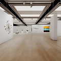 Cultural Art Gallery Interior With Hanging Paintings Wooden Flooring Benches And Ceiling Lights