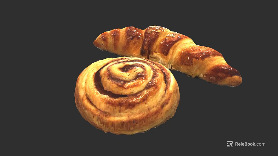 Freshly Baked Sweet Cinnamon Swirl Roll And Flaky Buttery Croissant Pastry Treats 3d model 