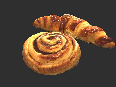 Freshly Baked Sweet Cinnamon Swirl Roll And Flaky Buttery Croissant Pastry Treats 3d model