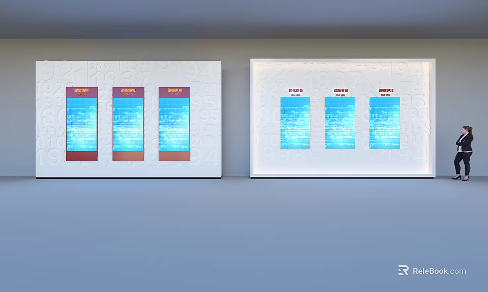 Decorative Wall Panel Design with White Frame Blue Display Sections and Red Labels 3d model