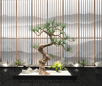 New Chinese style landscape sketch courtyard pine tree landscaping 3d model