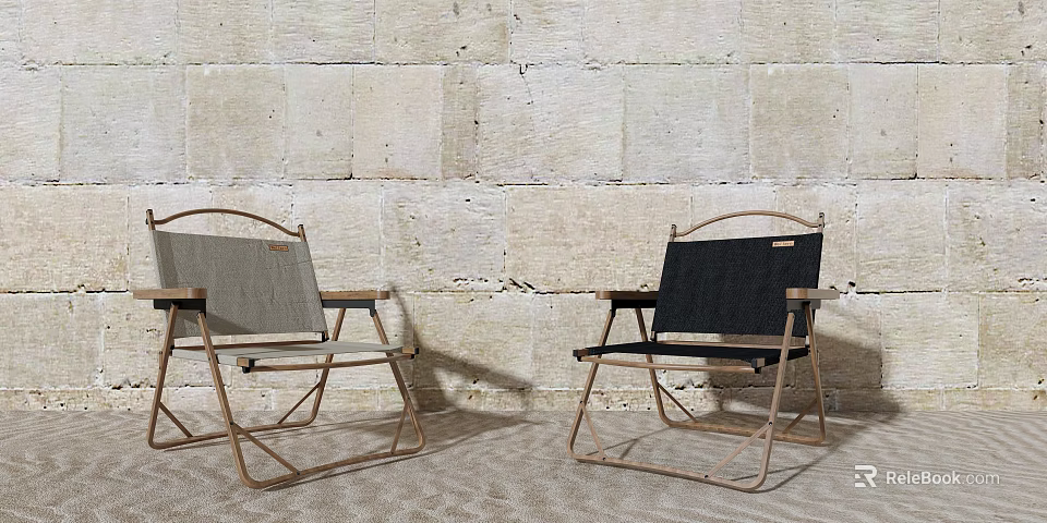 Two Foldable Leisure Chairs With Gray And Black Fabric Metal Frame Stone Wall Background 3d model 