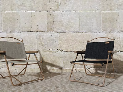 Two Foldable Leisure Chairs With Gray And Black Fabric Metal Frame Stone Wall Background 3d model