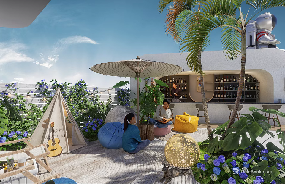 Rooftop Garden Landscape With Palm Trees Umbrella Tent Blue Flowers And People Sitting 3d model 
