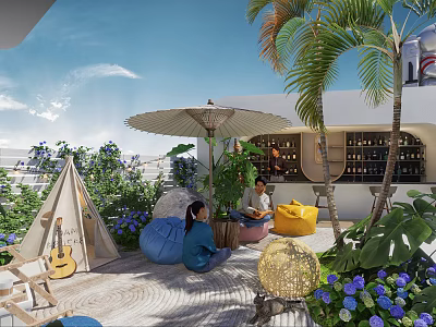Rooftop Garden Landscape With Palm Trees Umbrella Tent Blue Flowers And People Sitting 3d model