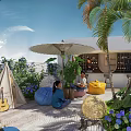 Rooftop Garden Landscape With Palm Trees Umbrella Tent Blue Flowers And People Sitting