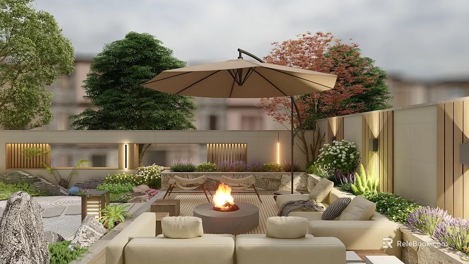 Feature Wall Design For Roof Terrace Outdoor Space With Fire Pit Sofas Umbrella And Greenery 3d model 
