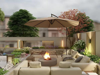Feature Wall Design For Roof Terrace Outdoor Space With Fire Pit Sofas Umbrella And Greenery 3d model