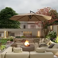 Feature Wall Design For Roof Terrace Outdoor Space With Fire Pit Sofas Umbrella And Greenery