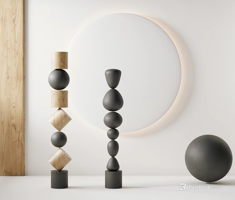 Modern Stacked Sculptures with Various Shapes Black Wooden Light Wood Tones Circular White Luminous Decor 3d model 
