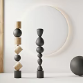 Modern Stacked Sculptures with Various Shapes Black Wooden Light Wood Tones Circular White Luminous Decor