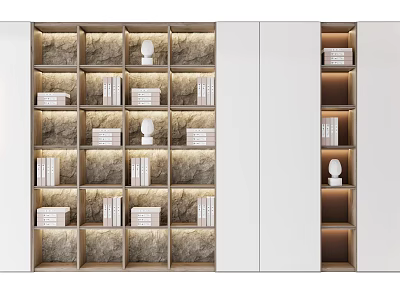 Modern Bookcase With Multiple Compartments Built-in Lighting Books And Decorative Sculptures 3d model