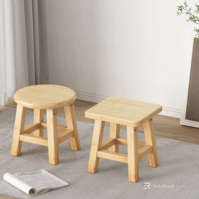 Wooden Round And Square Stools For Living Room Home Interior Design 3d model 