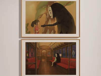Anime Art Wall Decor Featuring No Face With Little Girl And Tram Interior 3d model