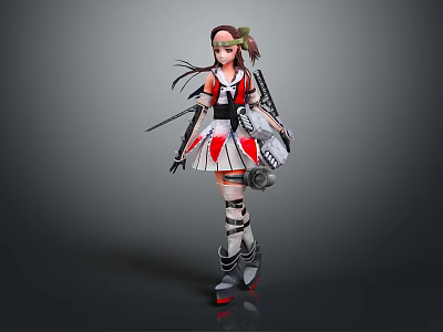 Game Movie Female Character With Red White Outfit Mechanical Elements And Green Hair Accessory 3d model