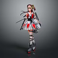 Game Movie Female Character With Red White Outfit Mechanical Elements And Green Hair Accessory