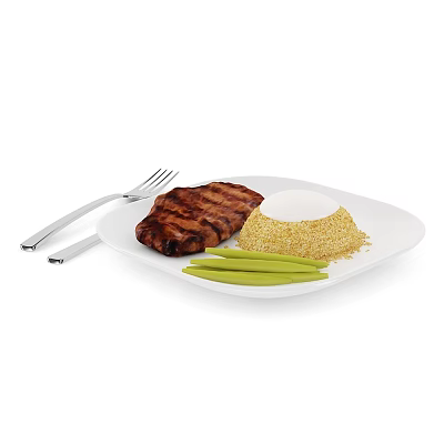 Tasty Grilled Steak with Quinoa Green Bean Pods on White Plate and Fork Knife 3d model