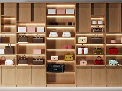 Modern Wooden Display Shelves With Layered Design And Various Colored Handbags 3d model