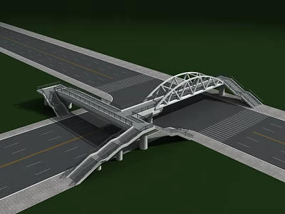Arched Bridge Structure Over Intersecting Roads With Road Lanes And Pedestrian Walkway 3d model