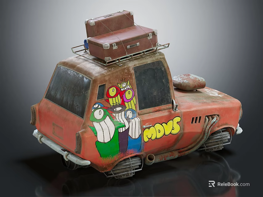 Old Red Car With Suitcases On Roof And Cartoon Graffiti MOVES Lettering 3d model 