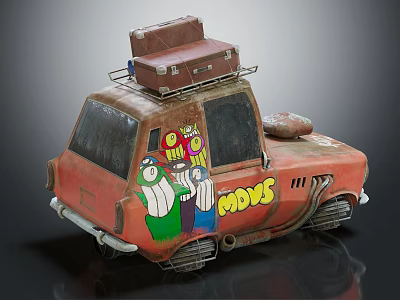 Old Red Car With Suitcases On Roof And Cartoon Graffiti MOVES Lettering 3d model