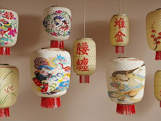 New Chinese Chandelier Oil Paper Lantern Chaoshan Bamboo Lantern Hot Pot Restaurant Lantern 3d model