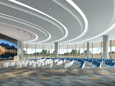 Modern Conference Room Interior With Curved Ceiling Large Windows Scenic View White And Blue Chairs 3d model