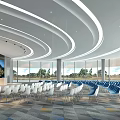 Modern Conference Room Interior With Curved Ceiling Large Windows Scenic View White And Blue Chairs