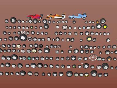 Tire Collection With Colorful Toy Cars And Various Sizes In Arranged 3d model
