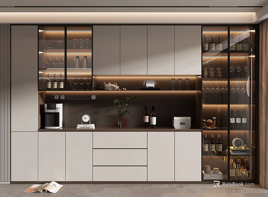 Modern Wine Cabinet with Glass Doors Lighting Bottle Storage White Cabinetry Countertop and Coffee Machine 3d model 