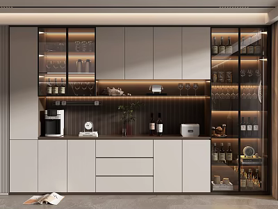 Modern Wine Cabinet with Glass Doors Lighting Bottle Storage White Cabinetry Countertop and Coffee Machine 3d model