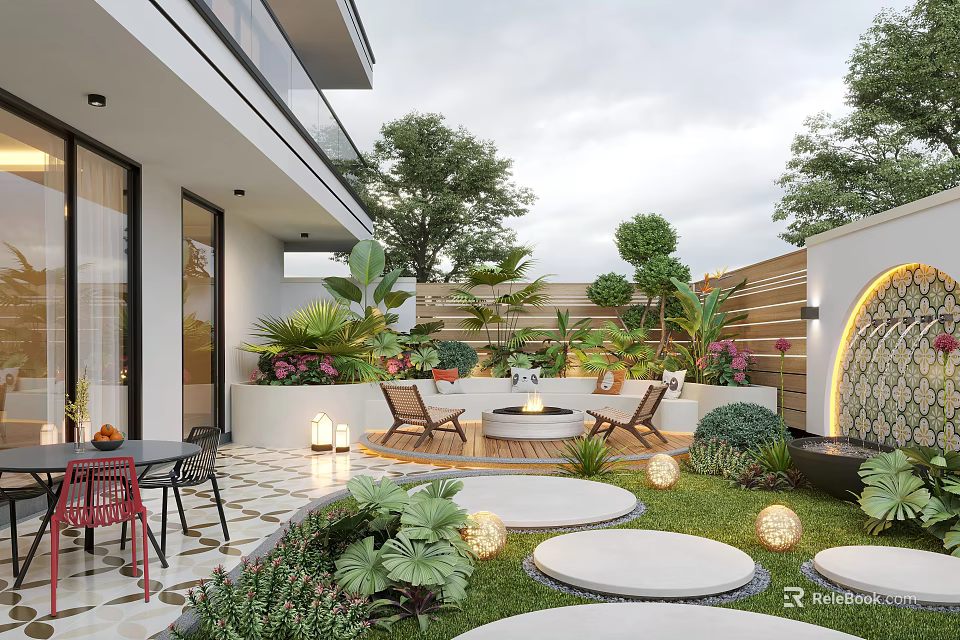 Modern Garden Patio Design With Outdoor Seating Circular Stepping Stones Greenery And Lighting 3d model 