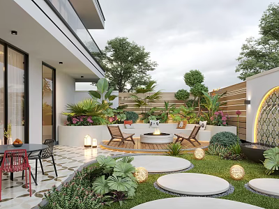 Modern Garden Patio Design With Outdoor Seating Circular Stepping Stones Greenery And Lighting 3d model