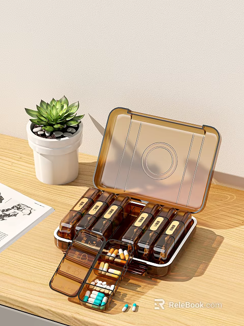 Daily Pill Organizer with Brown Bottles and Succulent Plant on Wooden Table 3d model 