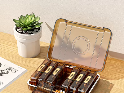 Daily Pill Organizer with Brown Bottles and Succulent Plant on Wooden Table 3d model