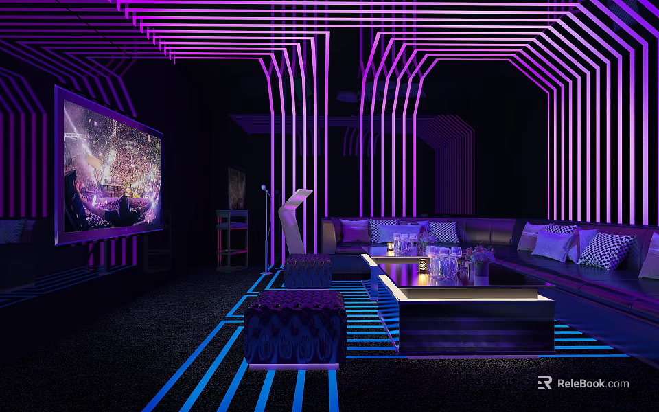 Modern KTV Interior With Purple Blue Neon Lights Sofa Coffee Table And TV Screen 3d model 