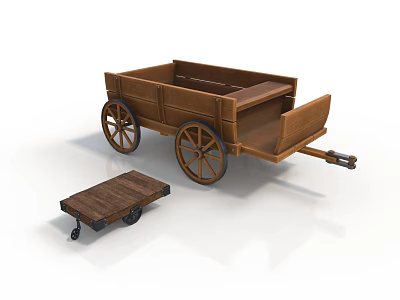 Vintage Rustic Wooden Cart With Large Wheels And Small Trailer Platform 3d model