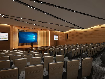 Spacious Conference Room Interior With Rows Of Seats Large Screen Wooden Walls And Modern Lighting 3d model