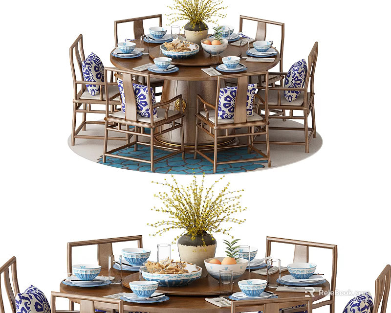 Traditional Chinese Dining Table Set With Round Table Blue White Patterned Chairs And Ceramic Tableware 3d model 