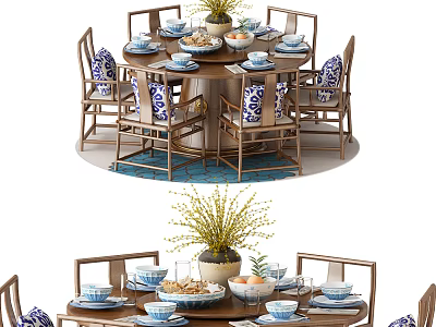 Traditional Chinese Dining Table Set With Round Table Blue White Patterned Chairs And Ceramic Tableware 3d model