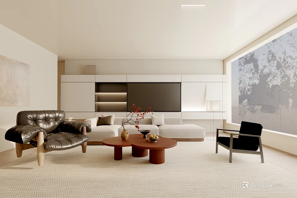 Modern Living Room Interior Design With Leather Armchair Sofa Wooden Coffee Tables And TV Wall 3d model 