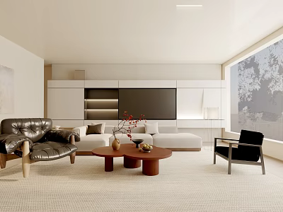 Modern Living Room Interior Design With Leather Armchair Sofa Wooden Coffee Tables And TV Wall 3d model