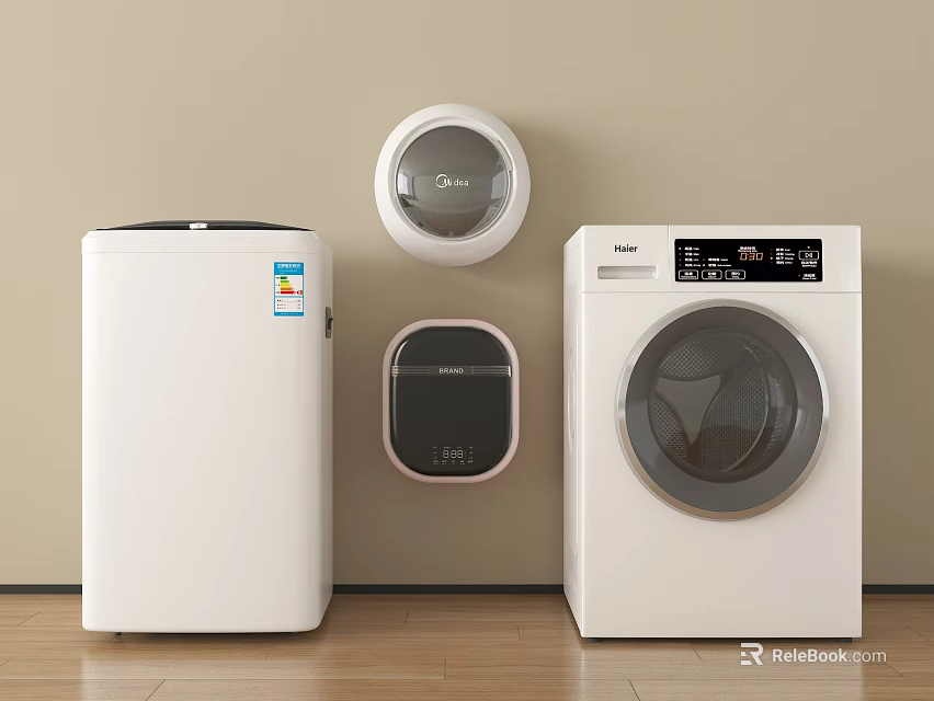 White Top Load And Front Load Washing Machines In Modern Interior With Wall Appliances 3d model 
