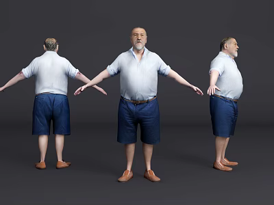 Man in white shirt blue shorts brown shoes with arms outstretched three different angles 3d model