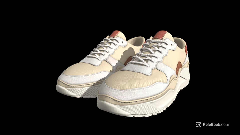 Modern Casual Beige Sneakers with White Soles and Brown Accent Details 3d model 
