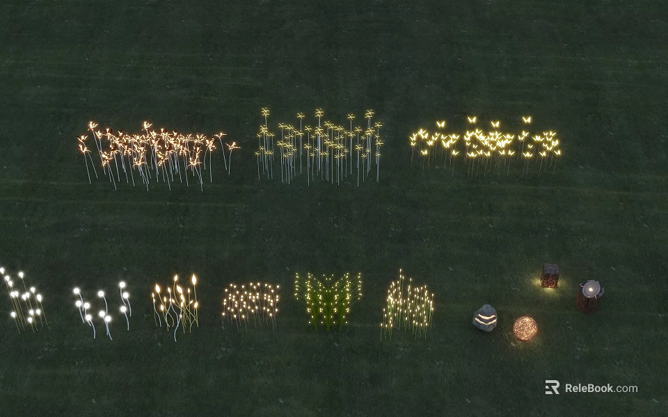 Outdoor Decorative Glowing Lights On Grassland With Various Designs And Lamps 3d model 