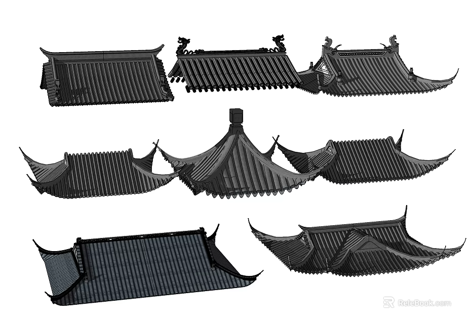 Traditional Chinese Architectural Components Featuring Various Roof Styles With Eaves And Tiles 3d model 
