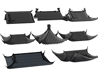 Traditional Chinese Architectural Components Featuring Various Roof Styles With Eaves And Tiles 3d model