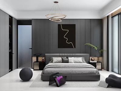 Modern Bedroom with Gray Bed Black Striped Wall Gold Line Artwork and Circular Pendant Light 3d model