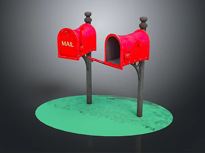 Sturdy Two Classic Red Mailboxes With MAIL Lettering On Green Base 3d model